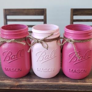 "Pretty in Pink" 3 Rustic Mason Jar